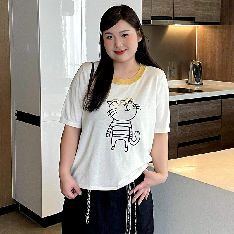 撞色圆领上衣女刺绣小猫针织衫