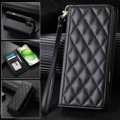 适用夏普R10小香风挂绳手机壳Sense8翻盖FRID防盗刷插卡皮套Wish5/Wish4/Wish3菱形格纹保护套R9 Pro钱夹皮壳