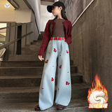 女童卡通刺绣牛仔裤2025年秋冬加绒新款中大童休闲阔腿裤直筒长裤，童装裤子，祺儿童装