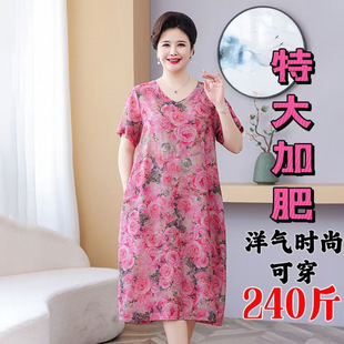 200斤特大码连衣裙夏季新款胖妈妈裙子中老年宽松显瘦遮肚棉麻裙