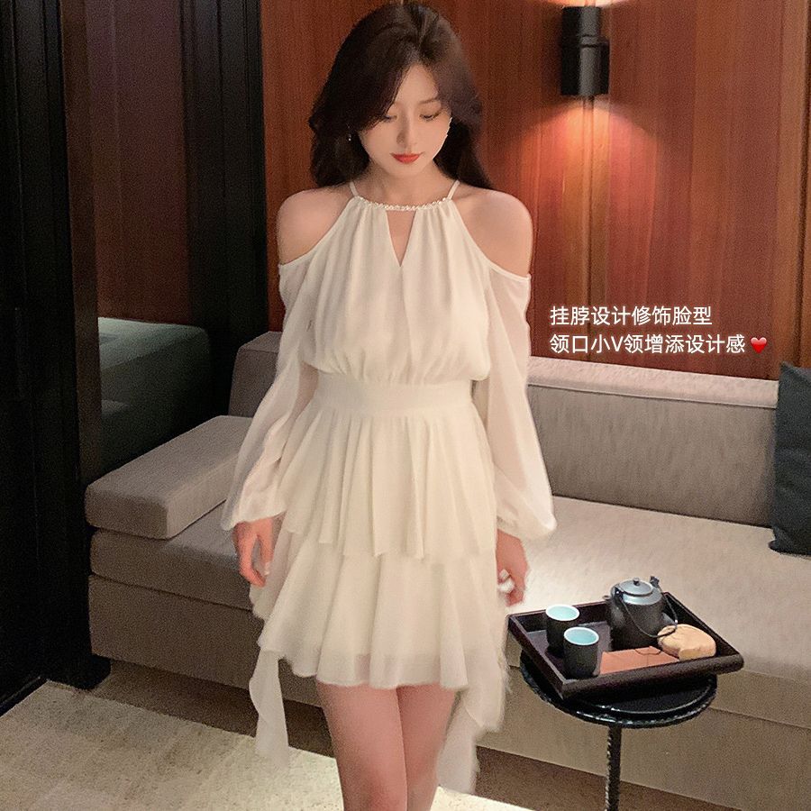2023新款仙女长袖连衣裙秋季收腰甜美雪纺短裙荷叶边蛋糕裙子
