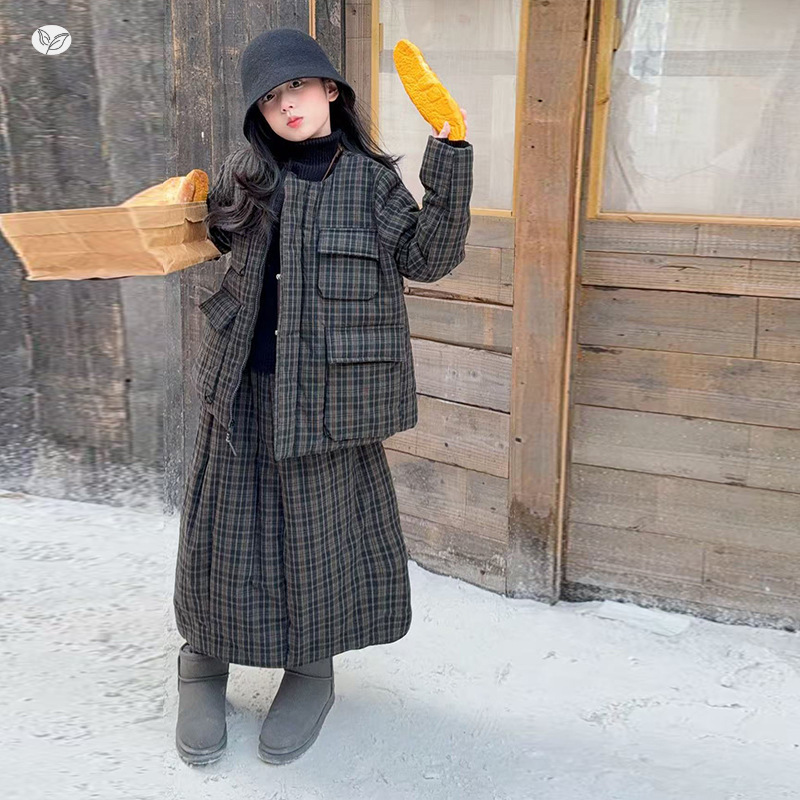 女童夹棉加厚套装2025年冬季新款中大童格纹外套半身裙两件套休闲，童装休闲套装，祺儿童装