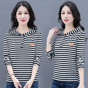 sleeved 连帽t恤 striped long shirt新女纯棉条纹长袖 Women