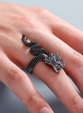 新款黑色龙开口戒指欧美跨境中国风士设计感中式盘旋龙指环金澳