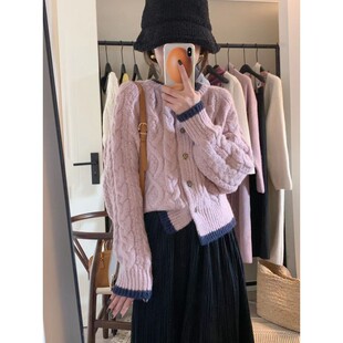 粉色麻花毛衣开衫外套女秋冬外穿慵懒风设计感小众别致针织衫上衣