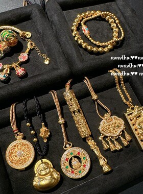 新中式掐丝雕花葫芦罗盘项链 气质古法织纹雕金镭射珠珠手串 颈链