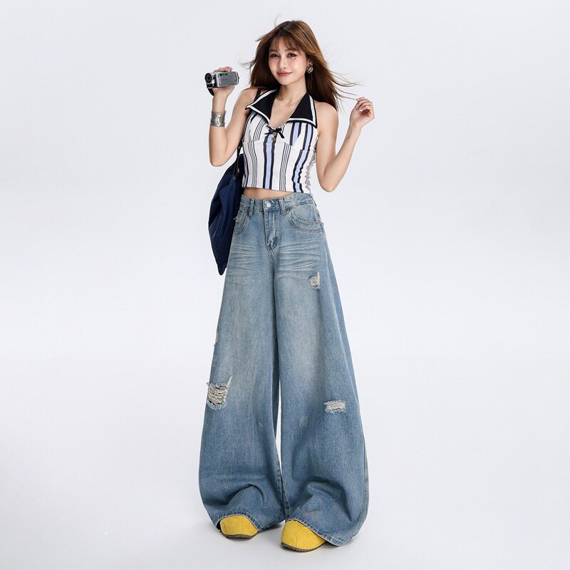 美式复古重工洗水宽松破洞大阔腿拖地牛仔裤子女夏季新款氨纶