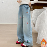 女童2025年秋冬季新款多个小卡通图案刺绣牛仔裤女大童加厚阔腿裤，童装裤子，祺儿童装