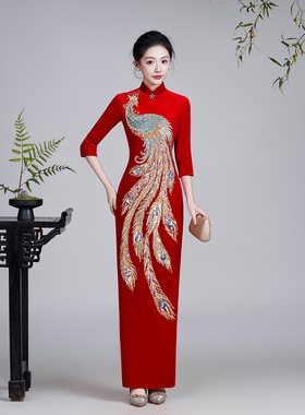 喜婆婆婚宴改良旗袍端大气红色妈妈装凤凰烫钻丝绒礼服2026新款