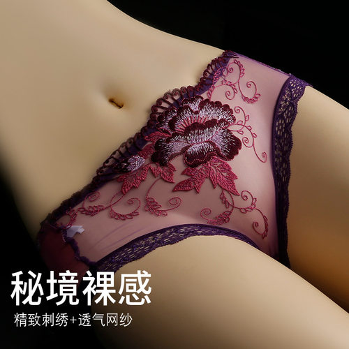 颜蓓薇内裤女性感低腰薄款火辣透气刺绣蕾丝三角裤