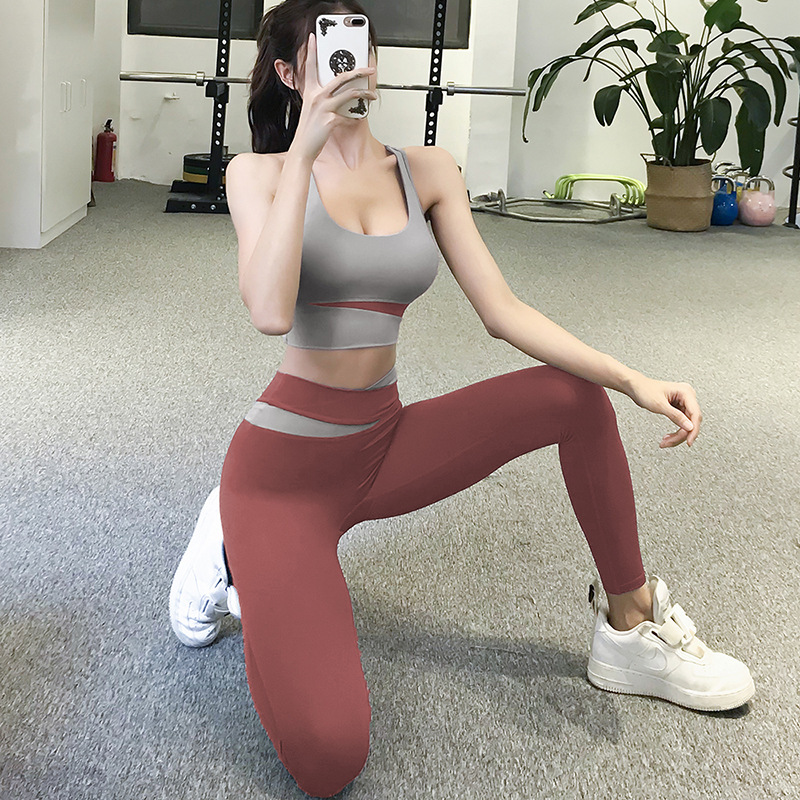 运动女文胸背心一体式防震内衣腰提臀瑜伽裤拼接撞色瑜伽服女套装