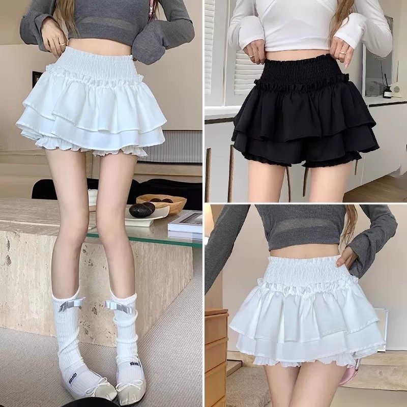 黑色褶皱半身裙女夏季芭蕾风蛋糕裙子腰显瘦a字裙防走光短裤裙