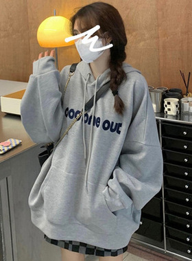 加绒加厚卫衣女2025年新款设计感灰色连帽外套女宽松overs韩版
