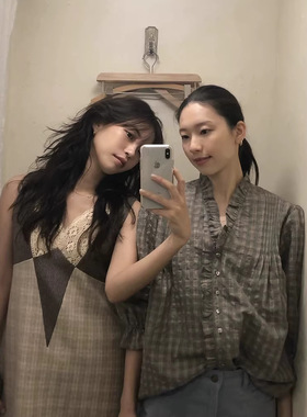 viaplain现货26春款韩国东大门宽松文艺复古格子荷叶边褶皱衬衫女