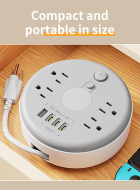 110v圆形美标插座美规插板usb+typeC台湾排插小夜灯延长线可收纳