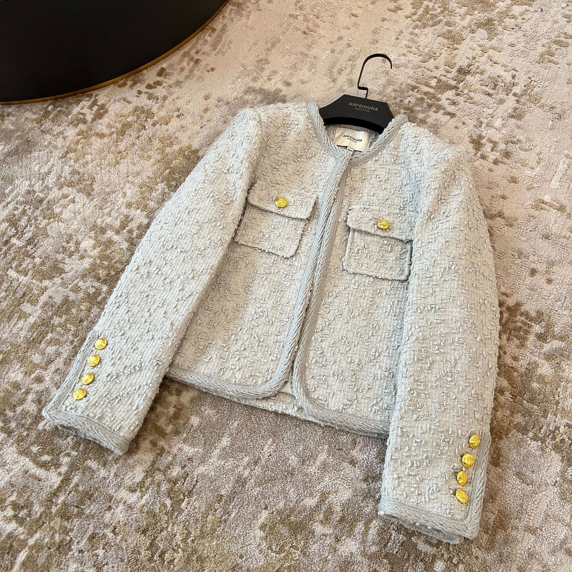 翡格依安斐欧娜法式小香风浅绿色粗花呢编织立体纹路绵羊毛呢外套