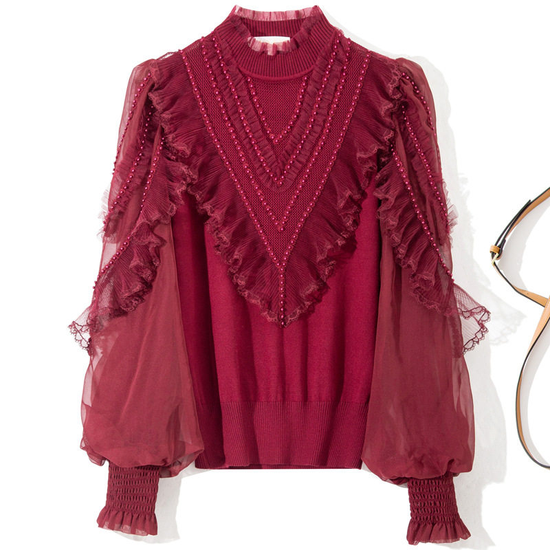 春季新款时尚洋气修身针织衫上衣女蕾丝荷叶花边灯笼长袖钉珠毛衣