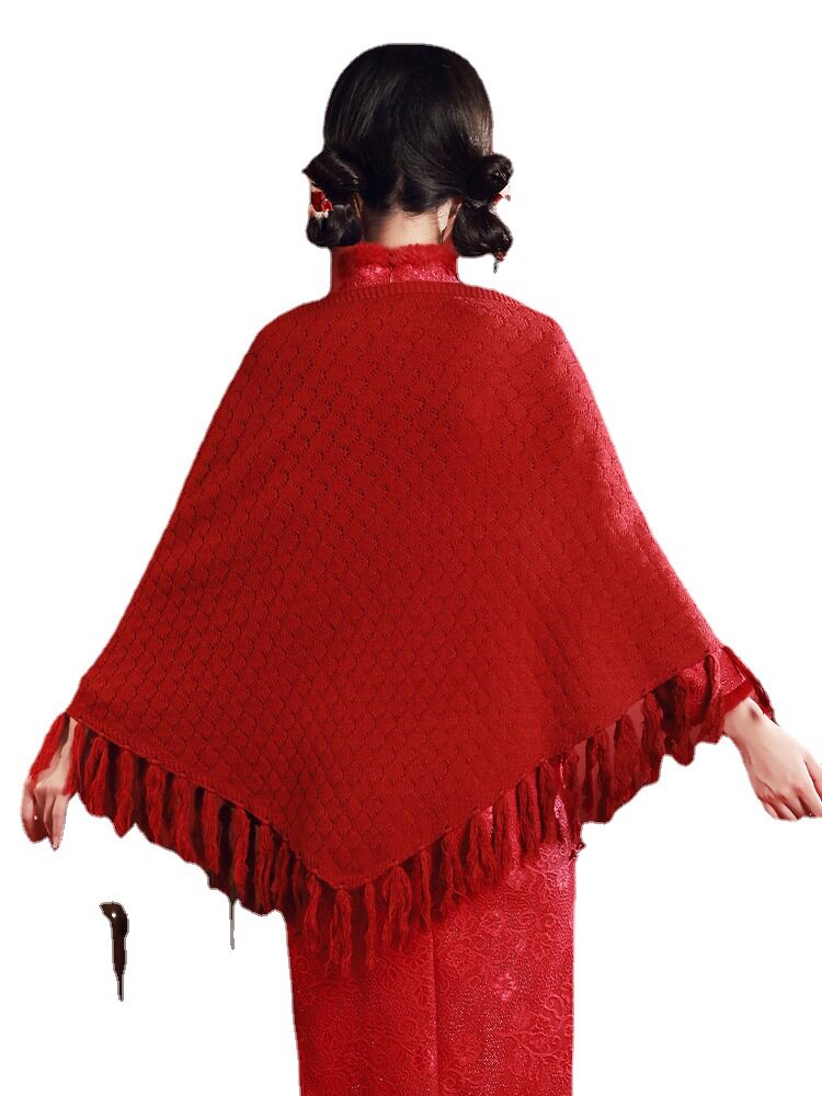 红色披肩冬季妈妈旗袍外搭婚礼斗篷秋披风敬酒服新娘结婚三角巾春