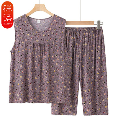 奶奶装夏季套装背心睡衣棉绸背心