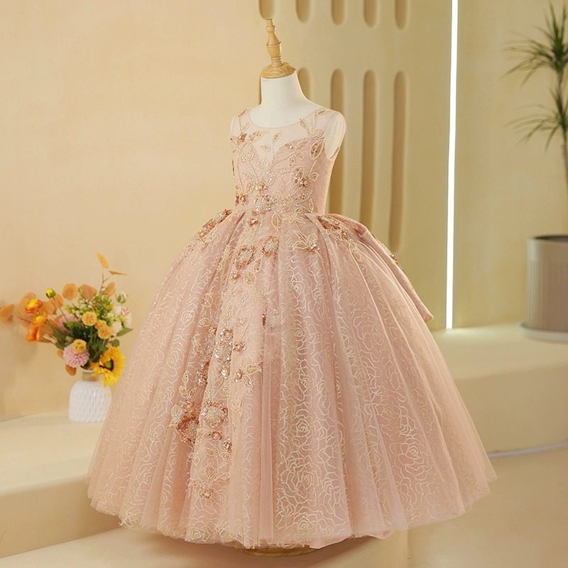 女童礼服粉色仙气蓬蓬裙儿童走秀舞台演出主持人钢琴演奏晚礼服裙