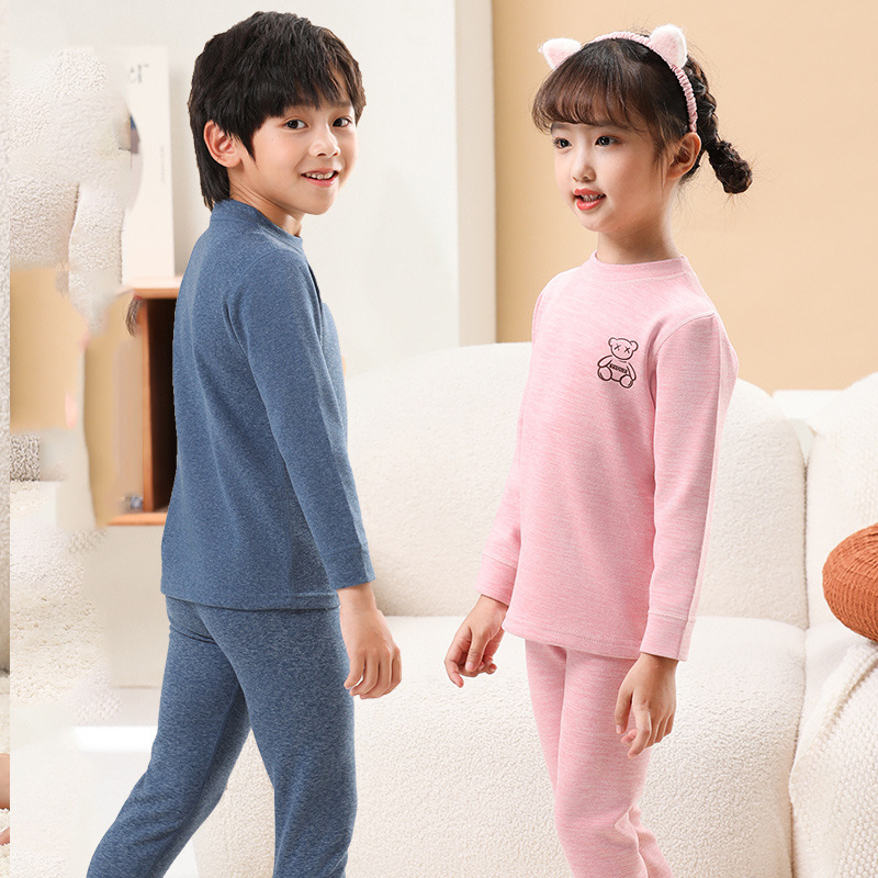 儿童秋衣秋裤羊毛蚕丝中领女童内衣套装大童双面绒棉毛衫睡衣冬