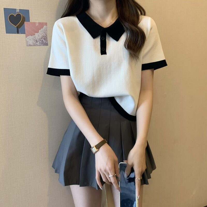 大码女装正肩polo领短袖T恤女夏季胖mm显瘦撞色短款休闲上衣ins潮