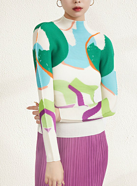 三宅褶皱小众别致设计感长袖半领印花上衣春款女龄洋气打底小衫