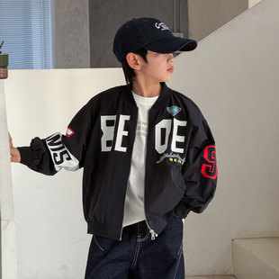 童春秋款 大字母拼色外套中大童帅气百搭上衣 机车风夹克儿童个性