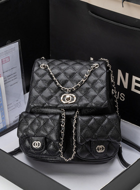 鱼子酱真皮2025新款潮小香风菱格链条双肩包时尚百搭青蛙包女背包