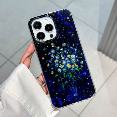 滴胶glitter starry sky flower case适用iphone 11 12 13 14 15 16 plus 17 pro max