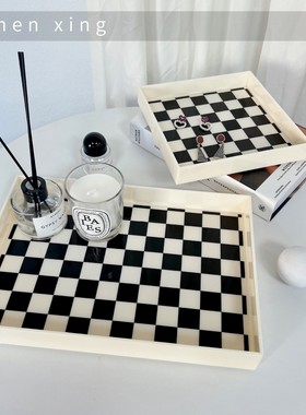 简约亚克力托盘摆件饰品收纳盘盒棋盘格装饰香薰底托家居玄关摆台