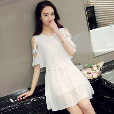 2025雪纺连衣裙女装小清新露肩雪纺超仙流行显瘦胖mm遮肚a字裙子