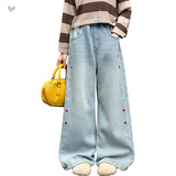 女童牛仔裤秋冬加绒2025年新款侧边彩色爱心阔腿裤中大童休闲长裤，童装裤子，祺儿童装