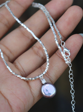 碎银子珍珠锁骨链紫珍珠碎银串珠