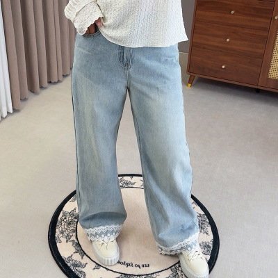 2025年秋季新款胖mm大码女装裤脚蕾丝花边牛仔裤女YC289
