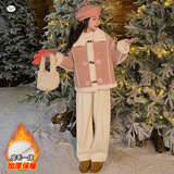 女童皮毛一体外套加厚2025年冬季新款中大儿童韩系夹克衫翻领棉衣，童装棉衣，祺儿童装