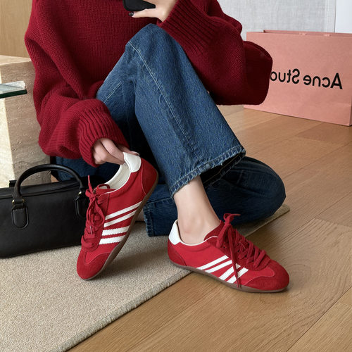 牛皮德训鞋平底休闲板鞋女新款春秋轻便软底复古拼色运动休闲鞋