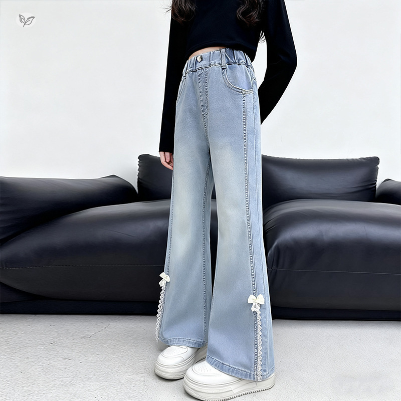 女童2025年冬季新款小清新花边蝴蝶结喇叭裤女大童加厚户外牛仔裤，童装裤子，祺儿童装