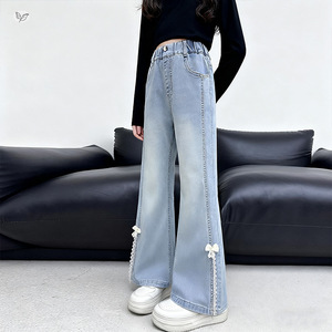 女童2025年冬季新款小清新花边蝴蝶结喇叭裤女大童加厚户外牛仔裤，童装裤子，祺儿童装