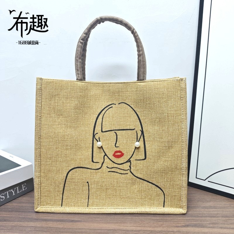 美女图珍珠耳环包包女手提包大容量麻布手提袋女涂鸦通勤托特包