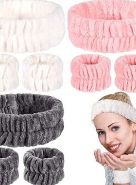 欧美跨境法莱绒发带腕带套装亚马逊女防滑洗脸头带自粘半成品发圈