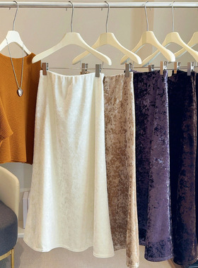 外贸出口法国欧美风格加绒加厚砖石绒鱼尾中长半身裙垂感A字包臀