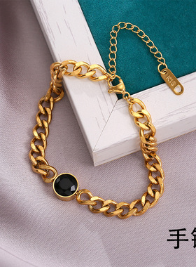 欧美夸张黑色圆牌手链女粗链条网红短款锁骨链钛钢颈链个性潮饰品