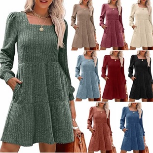 Long Sleeve Fall Women Sweater Neck Babydoll Dress Square