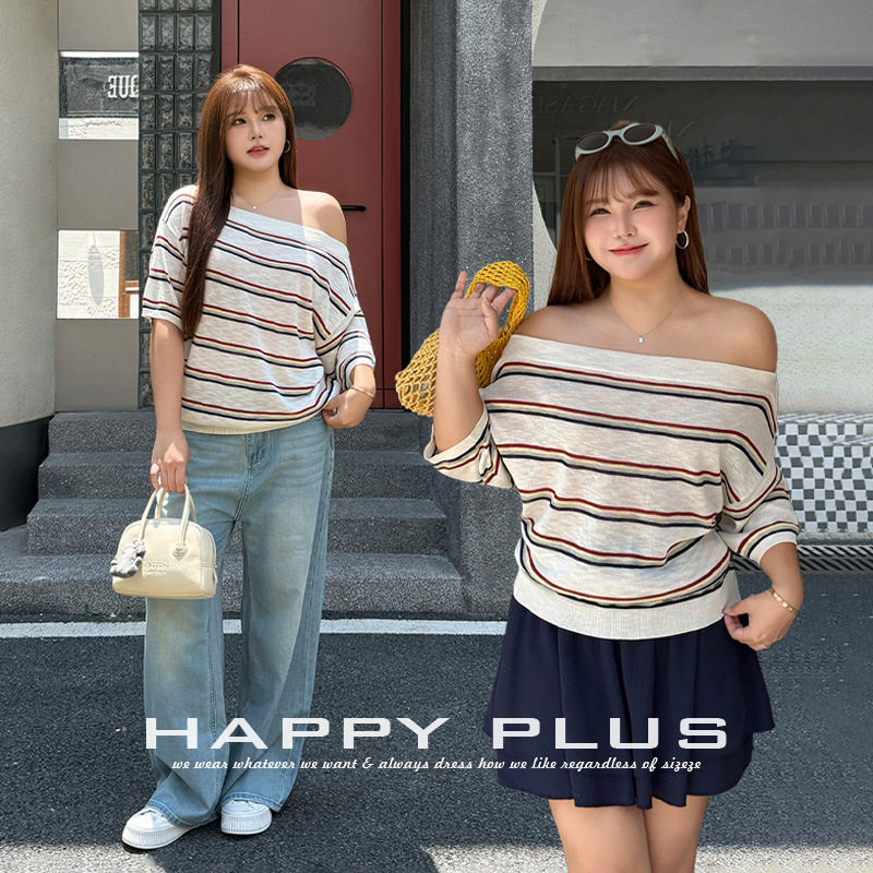 happyhut加肥加大码女装200斤胖mm夏季针织短袖一字领条纹针织衫