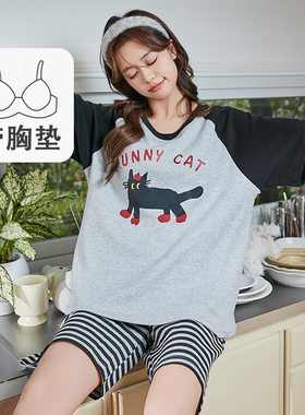 夏季睡衣女带胸垫短袖短裤家居服套装学生少女卡通免穿文胸可外穿