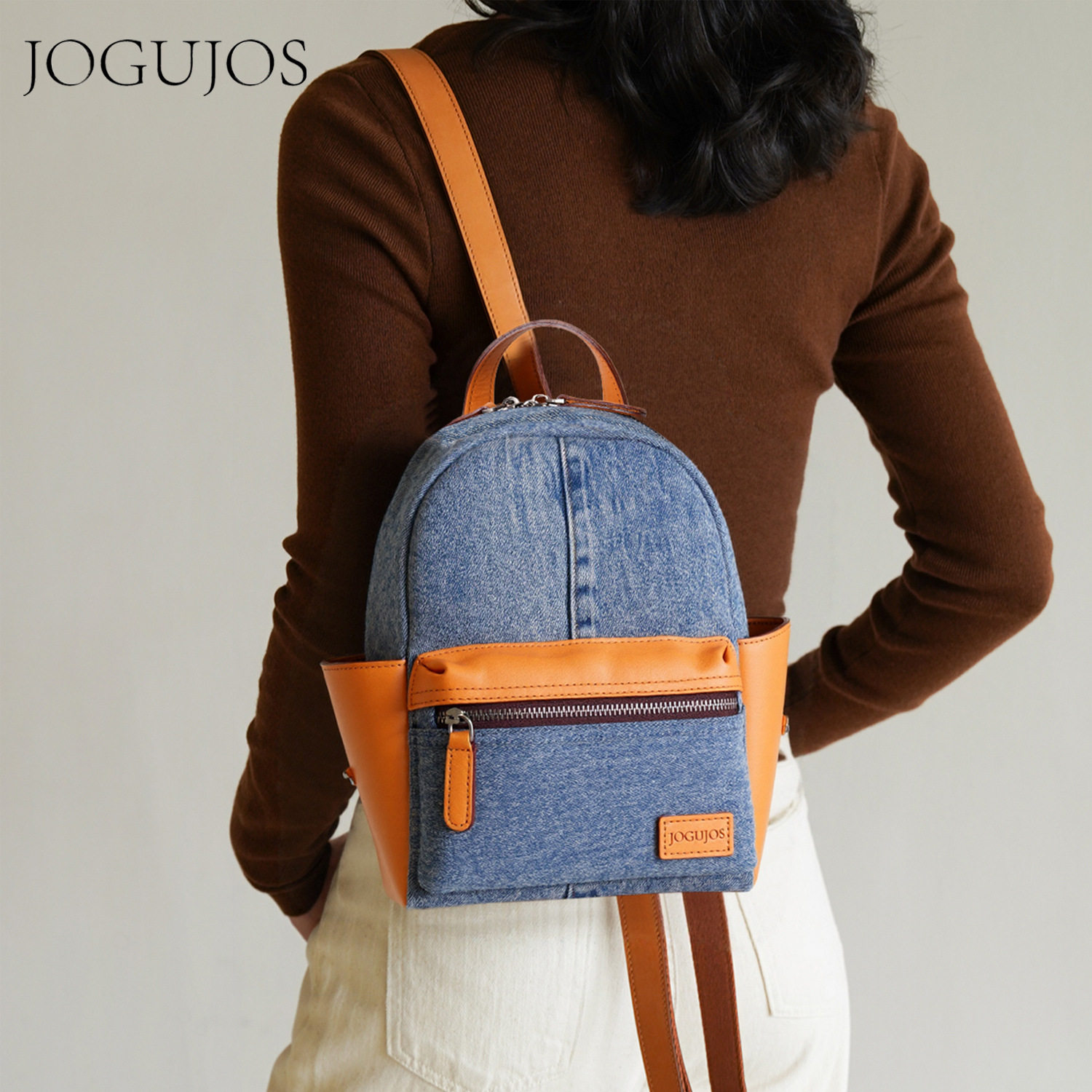 JOGUJOS跨境热销背包女包牛仔拼接真皮双肩包休闲通勤时尚包包女