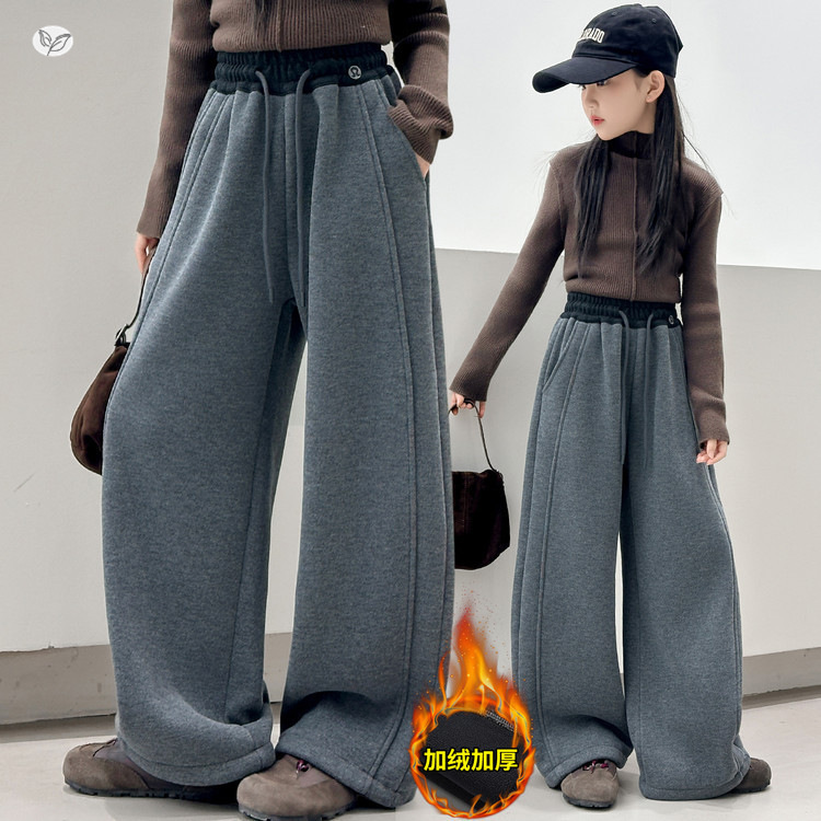 女童2025年冬季新款休闲加绒加厚针织卫裤女大童户外保暖阔腿裤潮，童装裤子，祺儿童装
