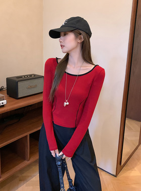 红色低圆领短款连帽长袖内搭T恤女2025年初秋辣妹显瘦打底衫上衣