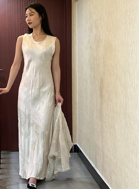 2023女士天丝复古提花缎斜裁背心连衣裙晚礼服  厂家直销
